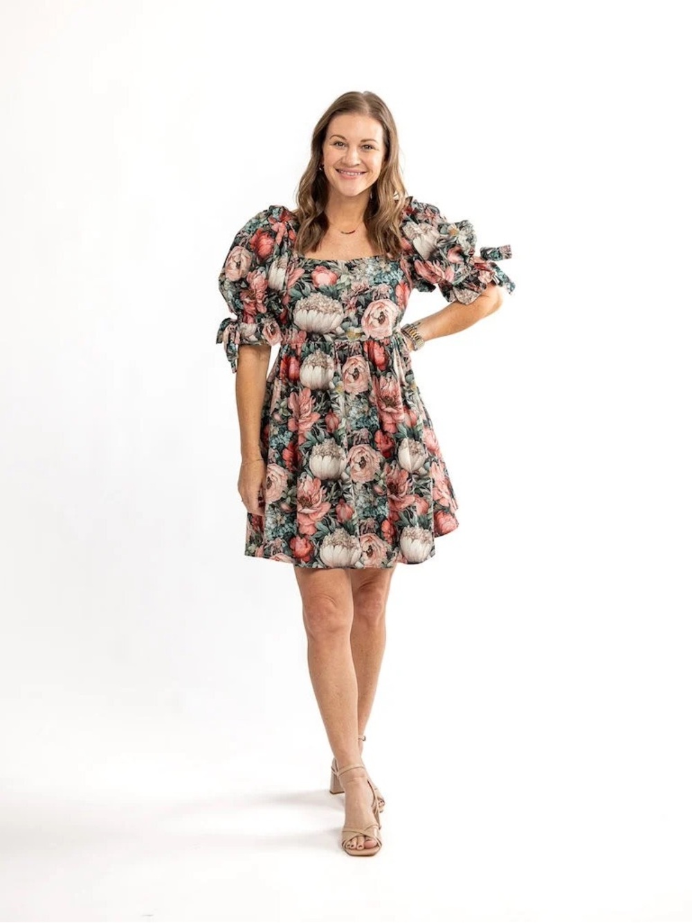 Floral Puff-Sleeve womens Dress in Coral and Green